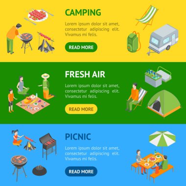 Picnic Barbecue Banner Horizontal Set Isometric View. Vector