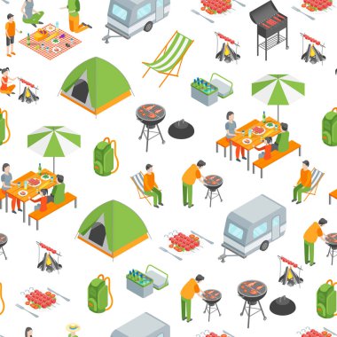 Piknik Barbekü Dikişsiz Desen Arka Plan İzometrik Görünümü. Vektör