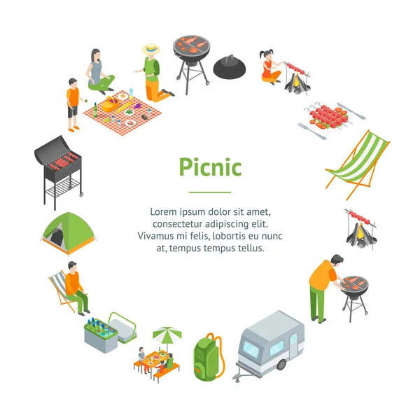 Picnic Barbacoa Banner Card Circle Isomtric View. Vector — Archivo Imágenes Vectoriales