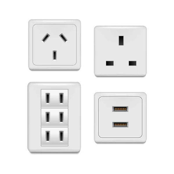 Realistische gedetailleerde 3D moderne witte lege socket en switch sjabloon mockup set. Vector — Stockvector