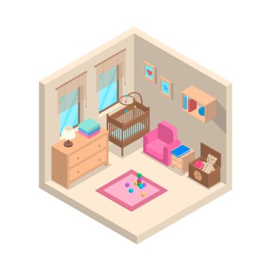 Mobilya İzometrik Manzaralı Kreş Odası İç. Vektör