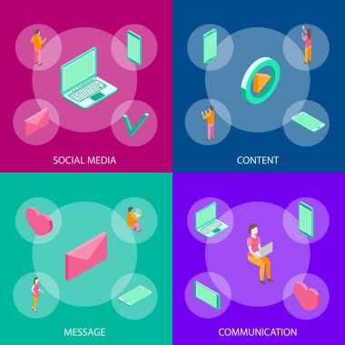 İnternet Te İletişim İnsanlar Konsept Banner Set 3d İzometrik Görünüm. Vektör