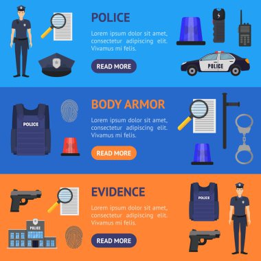 Karikatür Renk Polis ve Polis Elemanları Afiş Yatay Set . Vektör
