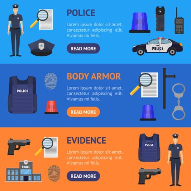 Cartoon Color Policeman and Police Elements Banner Horizontal Set . Vector clipart