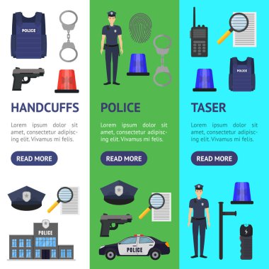 Karikatür Renk Polis ve Polis Elemanları Banner Vecrtical Set. Vektör
