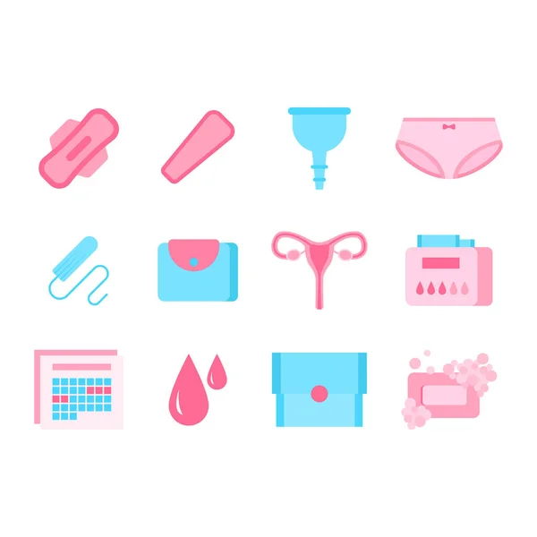 Dibujos animados Color Femenino Higiene Productos Icon Set. Vector — Archivo Imágenes Vectoriales