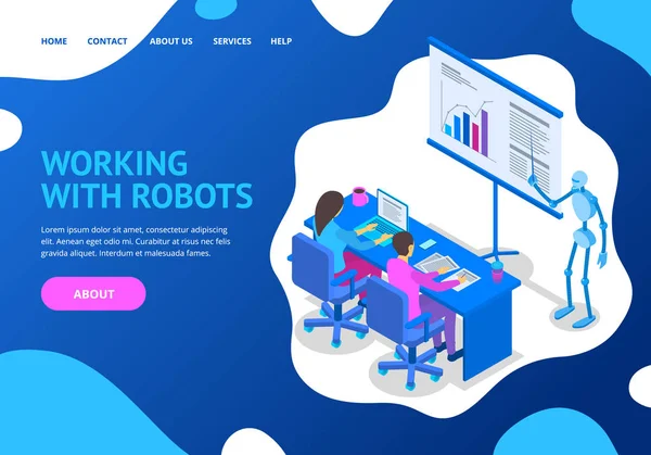 Robot e Human Working Concept Landing Web Page Template. Vettore — Vettoriale Stock