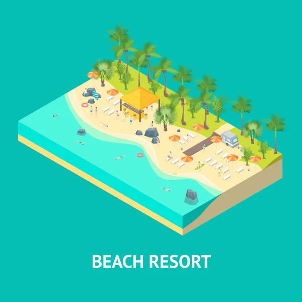 Concept de repos à la plage Vue imétrique 3d. Vecteur — Image vectorielle