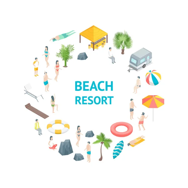 Beach Rest Concept Banner Card Circle 3D Vista isométrica. Vector — Vector de stock