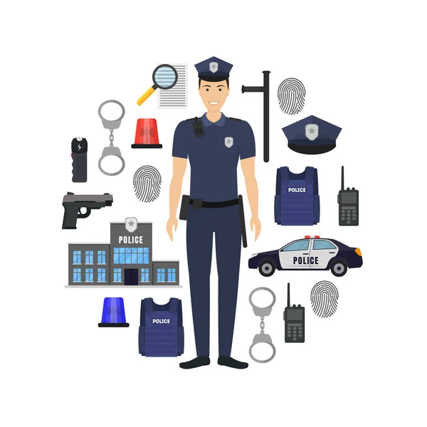 Cartoon Color Policeman i policyjny elementy karty banner Circle. Wektor — Wektor stockowy