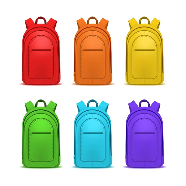 Reális részletes 3D Color üres iskola hátizsákok sablon mockup beállítása. Vektor — Stock Vector
