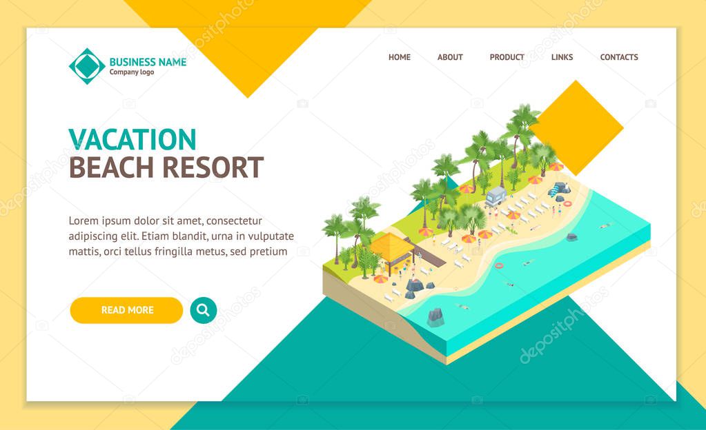 Beach Rest Concept Landing Web Page Template 3d Isometric View. Vector