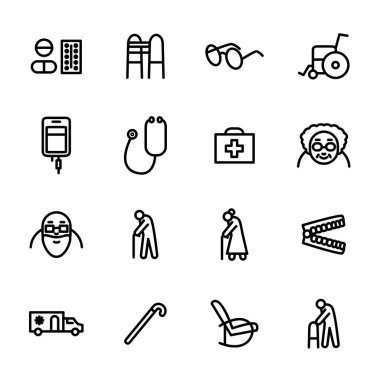Yaşlılar Tıp Işareti Siyah İnce Çizgi Simge Seti. Vektör