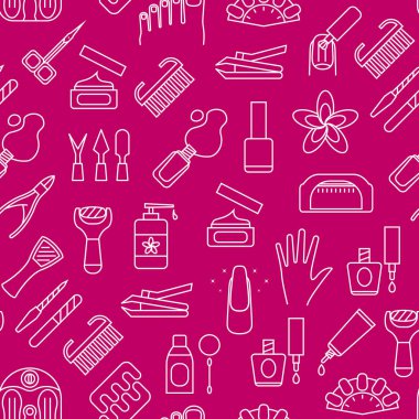 Manikür ve Pedikür İnce Çizgi Dikişsiz Desen Arka Plan . Vektör