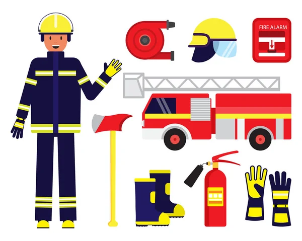 Cartoon Color Character Person Fireman and Equipment Set (dalam bahasa Inggris). Vektor - Stok Vektor