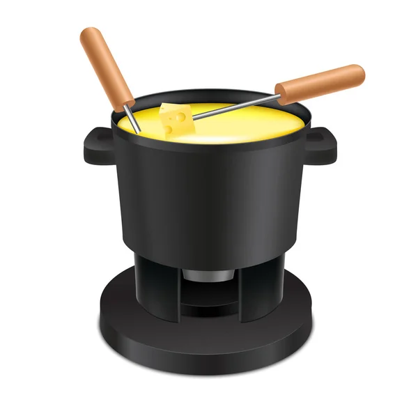 Fondue noire détaillée 3d réaliste, deux fourchettes et fromage. Vecteur — Image vectorielle
