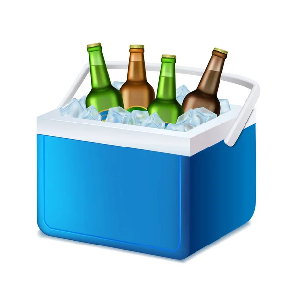Realistico 3d Dettagliato Blue Handheld Frigorifero con bottiglie di birra. Vettore — Vettoriale Stock