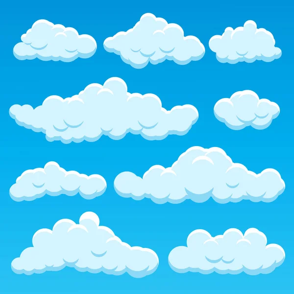 Diferentes tipos de dibujos animados Nubes icono conjunto en un azul. Vector — Archivo Imágenes Vectoriales