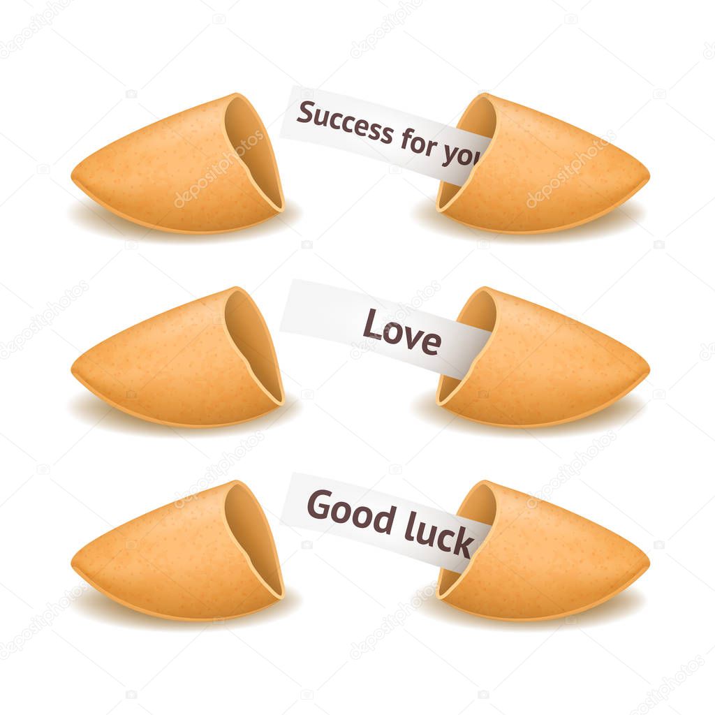 Realistic Detailed 3d Fortune Cookies and Prophecy Set. Vector