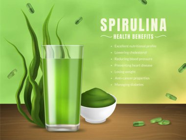 Gerçekçi 3d Detaylı Spirulina Ürün Reklam Konsept Kartı Arka Plan. Vektör