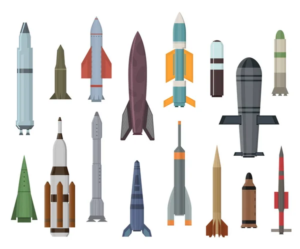 Dibujos animados Color Militar Missilery Rocket Icon Set. Vector — Archivo Imágenes Vectoriales