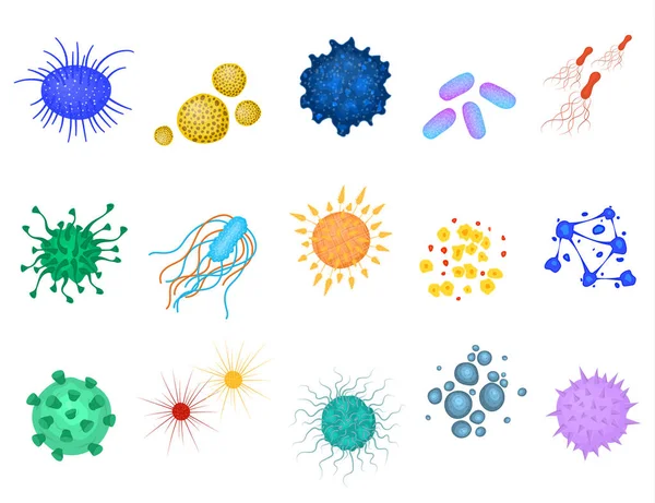 Diferentes virus de color de dibujos animados conjunto de iconos. Vector — Archivo Imágenes Vectoriales