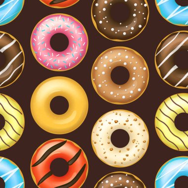 Gerçekçi Detaylı 3d Sırlı Donuts Dikişsiz Desen Arka Plan. Vektör