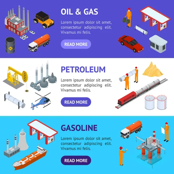 Oil Gas Industry Concept Banner Horizontal Set 3d Isometric View. Vector — Stock Vector