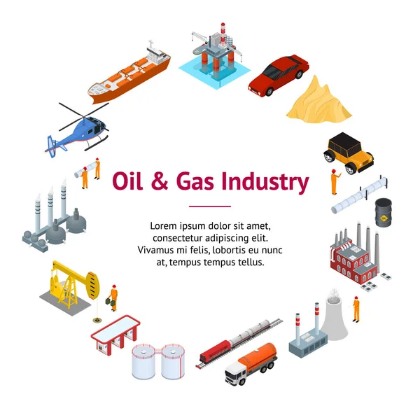 Oil Gas Concepto de la industria Tarjeta Banner Circle 3d Vista isométrica. Vector — Vector de stock