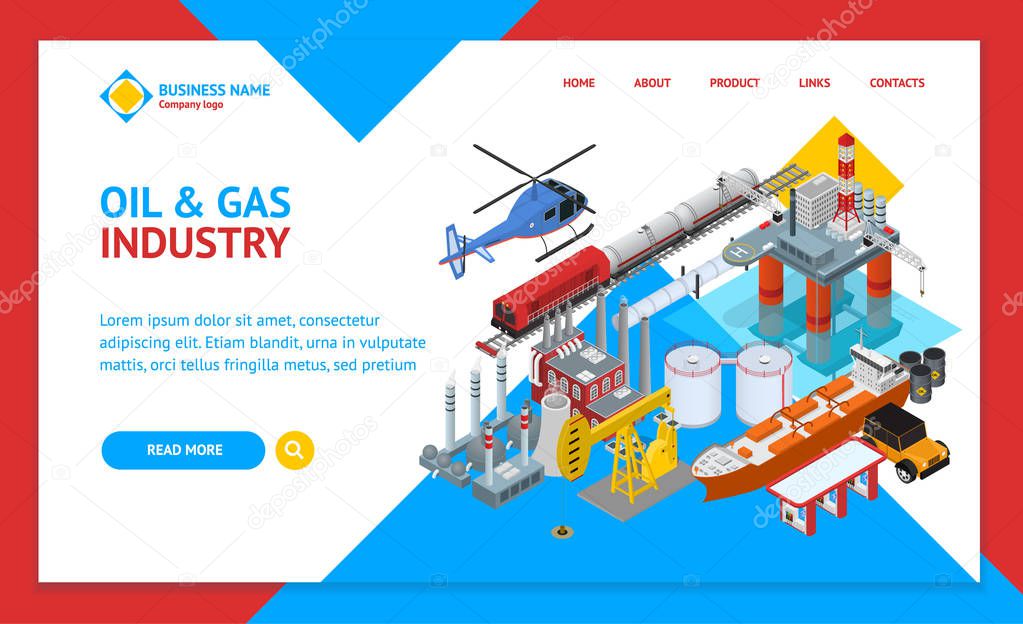 Oil Gas Industry Concept Landing Web Page Template 3d Isometric View. Vector