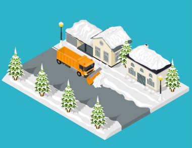 Road Scene Concept 3d Isometric View 'dan Kar Kaldırma. Vektör