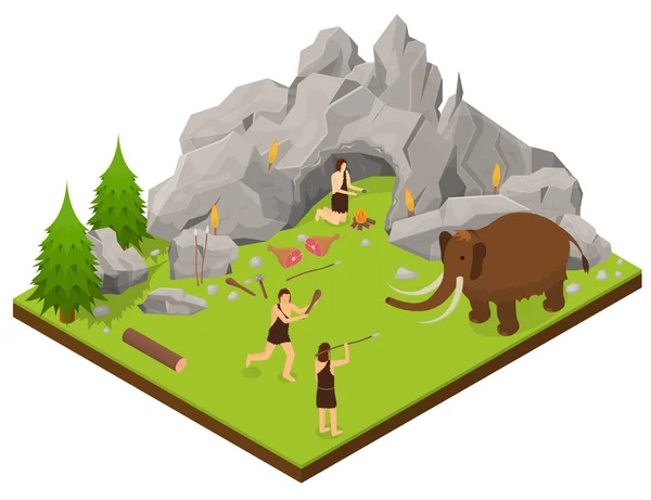 Primitive People Scene Concept 3D Isomtric View (en inglés). Vector — Archivo Imágenes Vectoriales