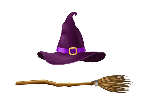 Realista 3d detalhou chapéu de bruxa e conjunto de vassoura. Vetor — Vetor de Stock