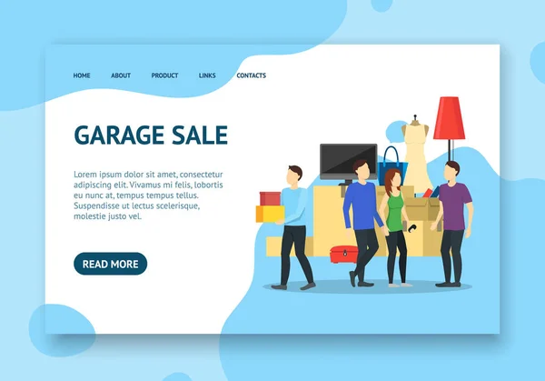 Cartoon Garage Sale Concept Landing Web Page Template. Vektor — Stockový vektor