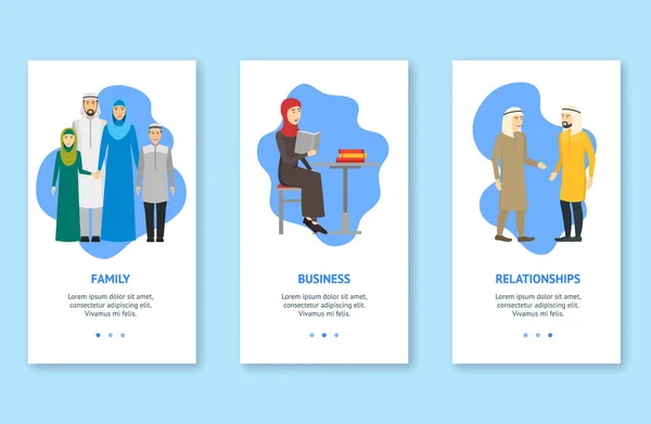 Personajes de dibujos animados Muslim People App Screens Web Banners Tarjetas. Vector — Vector de stock