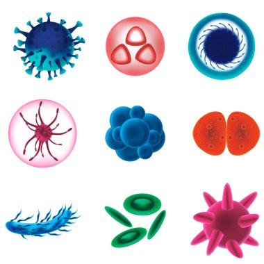 Gerçekçi Detaylı 3d Çeşitli Virüsler Bakteri Kümesi. Vektör