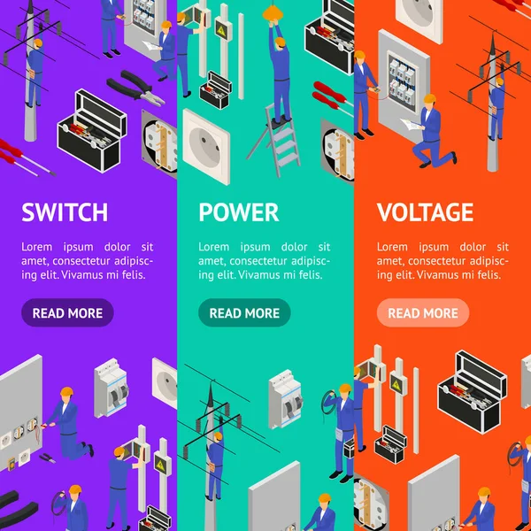 Character Electrician dalam Konsep Seragam Banner Vecrtical Set 3d Isometric View. Vektor - Stok Vektor