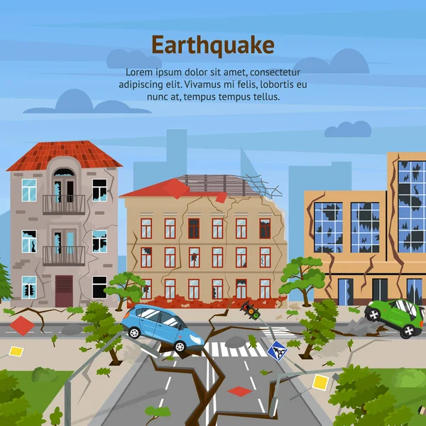 Caricatura Terremoto Desastre Concepto Tarjeta Ad. Vector — Archivo Imágenes Vectoriales