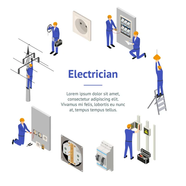 Character Electrician in Uniform Concept Banner Card Circle 3D Isometric View. Vektor — Stockvektor
