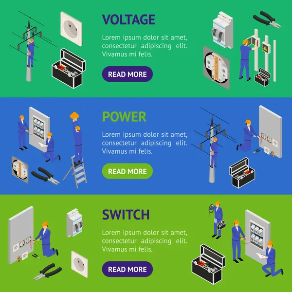 Uniform Concept Banner Yatay Set 3d Isometric View Karakter Elektrikçisi. Vektör — Stok Vektör