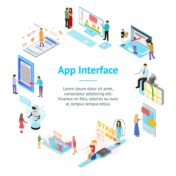 People and App Interfaces Concept Banner Card Circle 3d Isometric View. Vector — Stock Vector