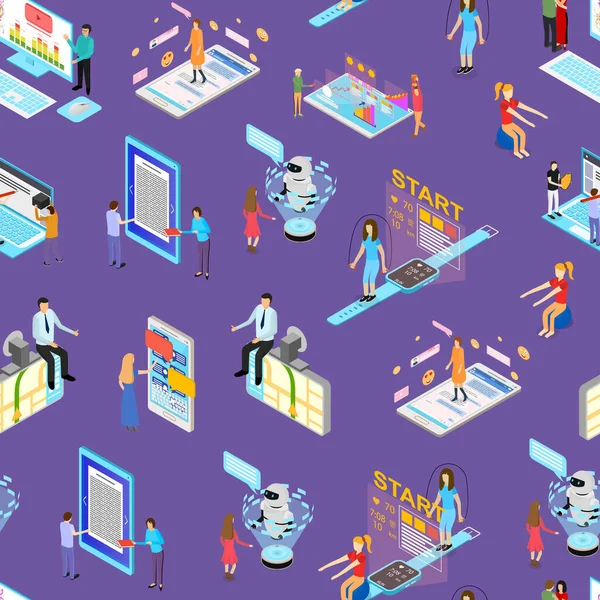 People and App Interfaces Concept Seamless Pattern Background 3D Isometric View. Vektor — Stockový vektor