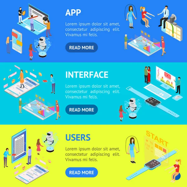 People and App Interface Konsep Banner Horizontal Set 3d Isometric View. Vektor - Stok Vektor