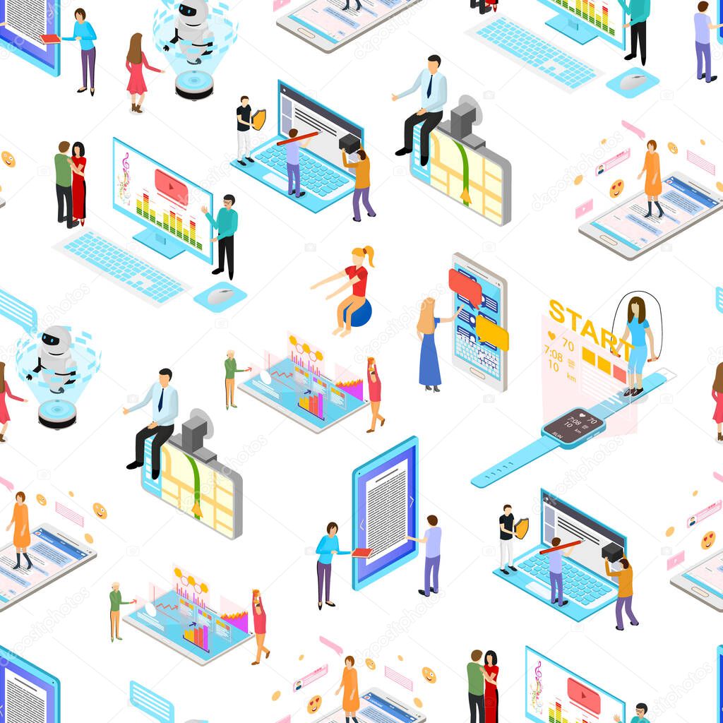People and App Interfaces Concept Seamless Pattern Background 3d Isometric View. Vector