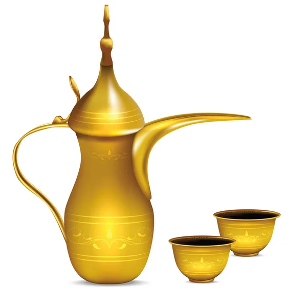 Realistisches detailliertes 3D glänzendes Metall Arabisches Kaffeekannen-Set. Vektor — Stockvektor