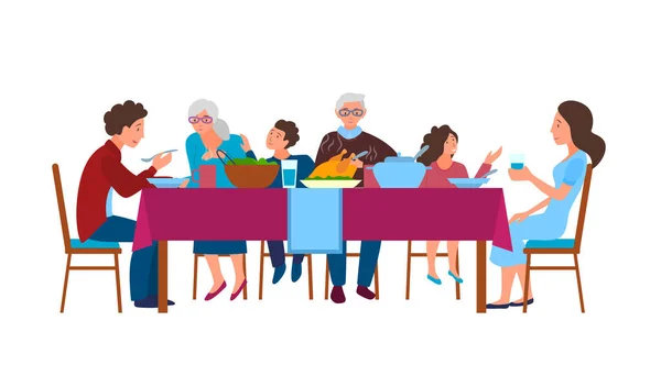 Personagens de cores dos desenhos animados Pessoas Família Sentado na mesa de jantar Conceito. Vetor —  Vetores de Stock