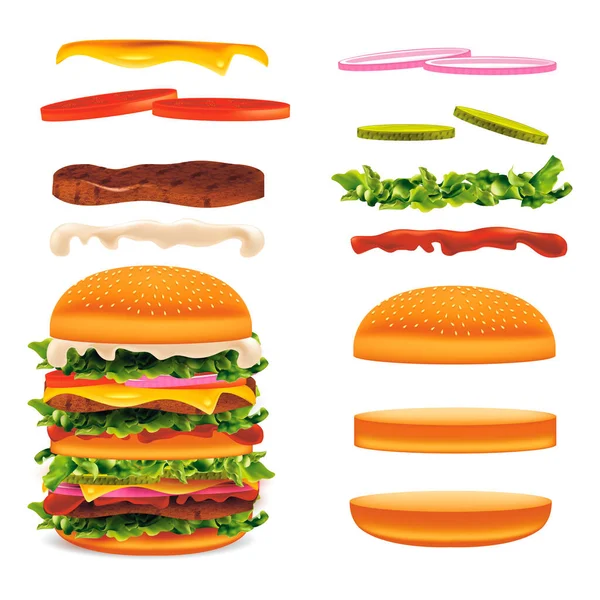 Realista detalhada 3d hambúrguer com conjunto de elementos. Vetor —  Vetores de Stock