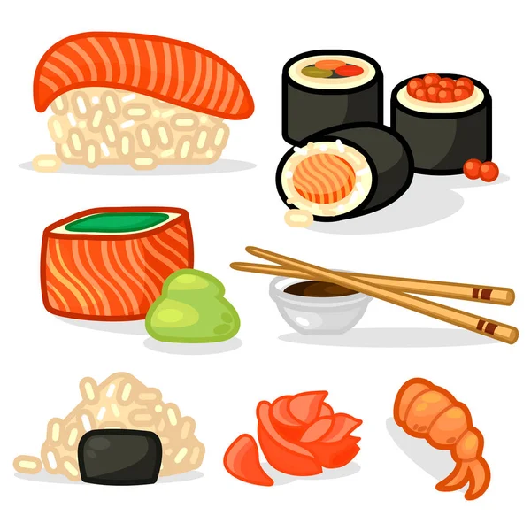 Cartoon Color Japanse sushi iconen set. Vector — Stockvector