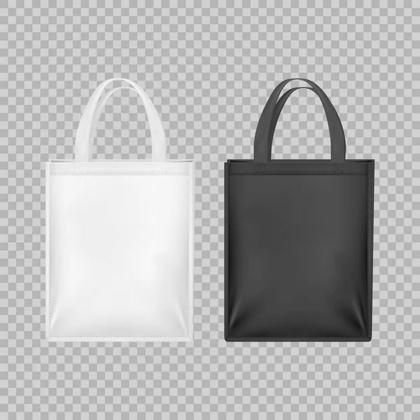 Realista 3d detallado blanco y negro en blanco conjunto de bolsas de venta de asas. Vector — Vector de stock