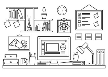 Office Table Workspace Concept Contour Linear Style. Vektör